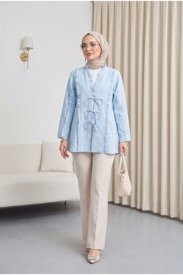 Önü Ve Kolu Fırfırlı Bağlamalı Keten Görünümlü Kimono -Bebe Mavi
