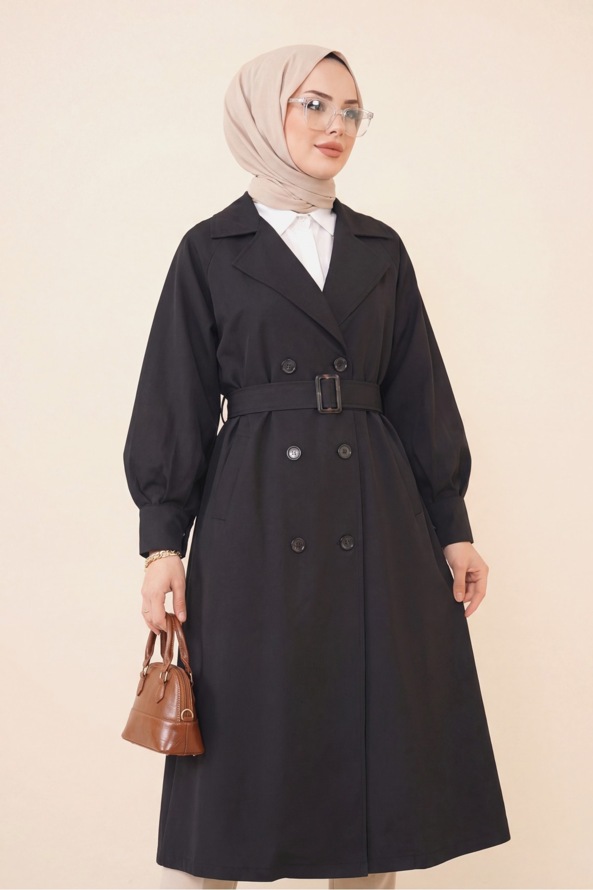 Balloon Sleeve Buckle Belt Side Pocket Trench Coat -Black