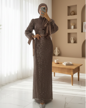 Kesme Boncuklu Şerit Payet Kemerli Abiye  -Açık Kahve