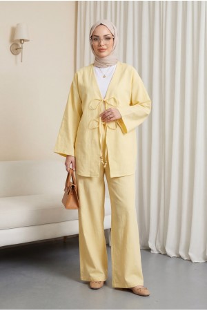 Önü Çift Bağlamalı Pantolonlu Kimono Takım       -Açık Sarı