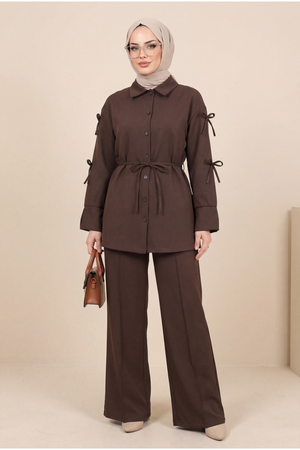Imported Crepe Trousers Set with Bow Detail on Sleeves -Dark Coffee