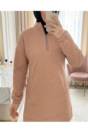 Kısa Fermuarlı Yaka Kapitone Şık Spor Sweat 