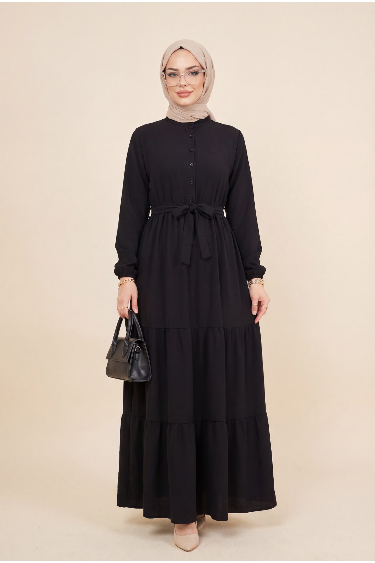 Half Buttoned Stand Collar Tied Waist Linen Dress -Black