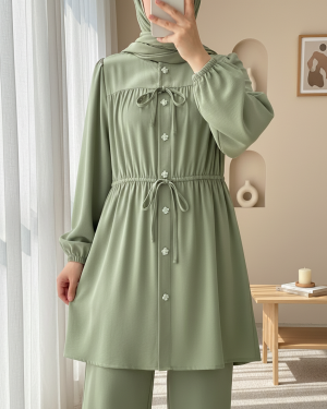 Taşlı Düğmeli Kolu Lastikli Bağlama Detaylı Gömlek -Su Yeşili