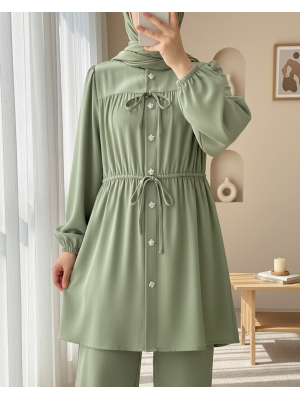 Shirt with Stoned Buttoned Sleeves and Elasticated Tie Detail -Sea green