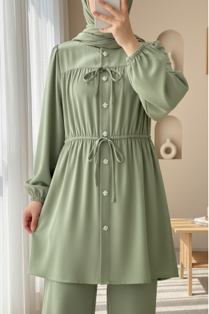 Taşlı Düğmeli Kolu Lastikli Bağlama Detaylı Gömlek -Su Yeşili