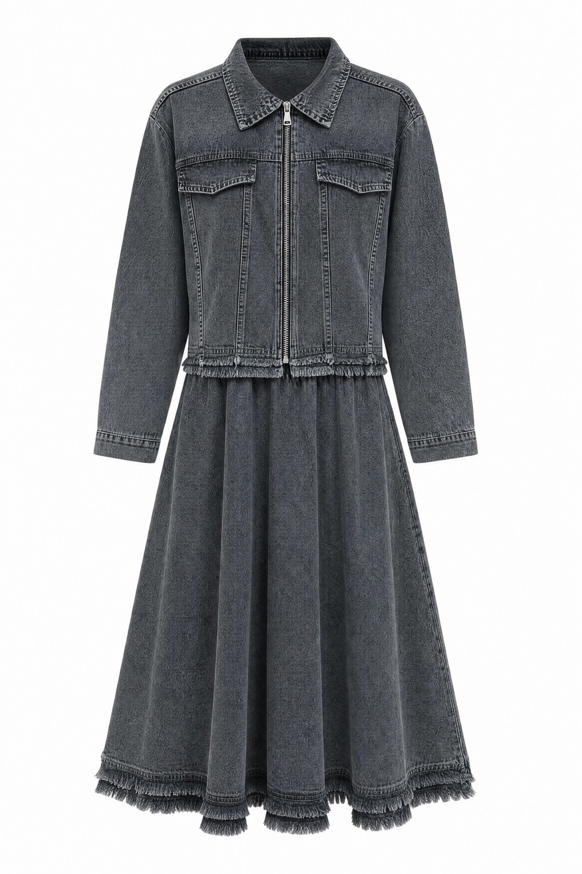 Denim suit with tassel detail, front zipper, and pocket detail. -Smoked 