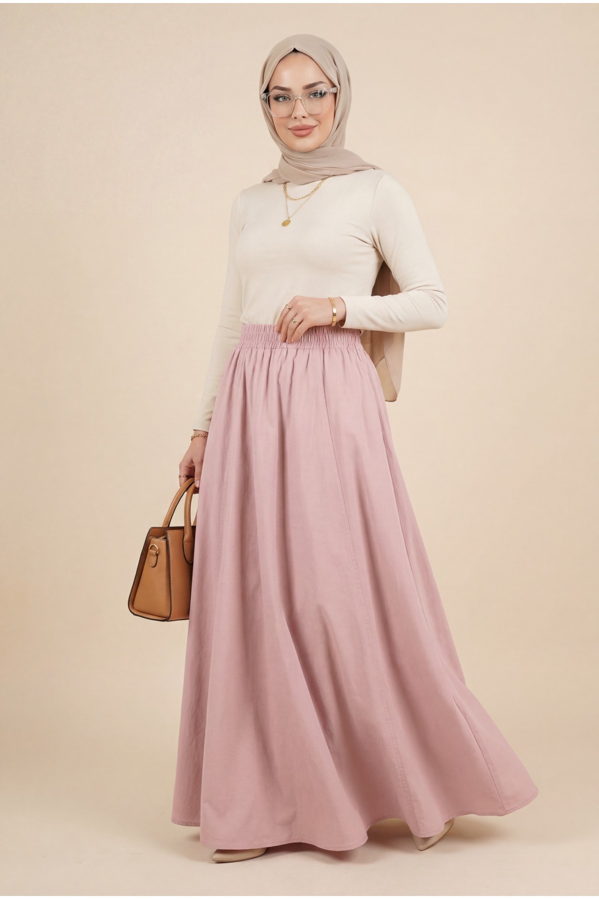 Double Pocket Poplin Flared Skirt with Elastic Waist     -Powder
