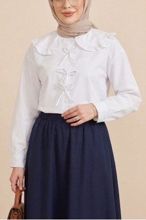 قميص بياقة طفل مزين بشريط    -أبيض