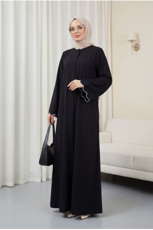 Kol Ucu Nakışlı Kuşaklı Ferace Siyah HM2728