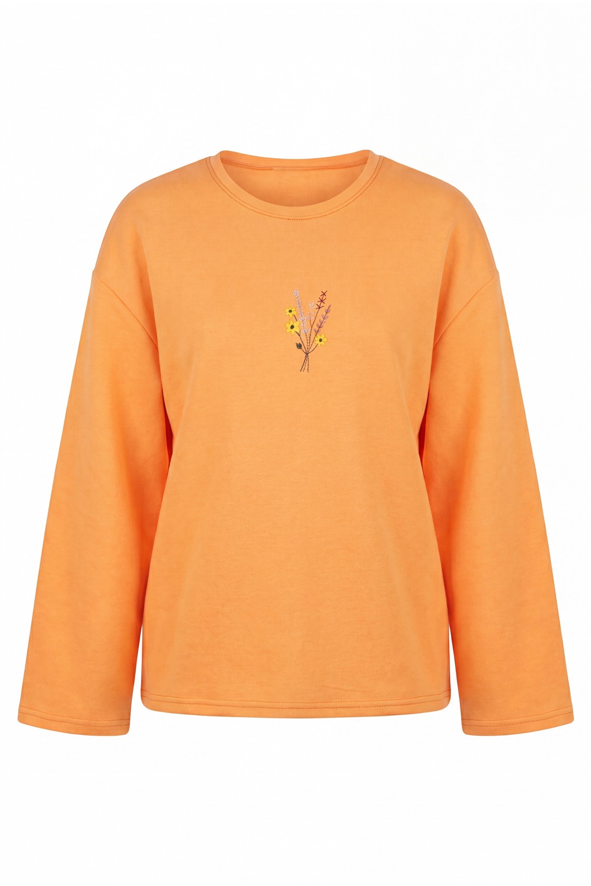 Round Neck Loose Fit Jersey Blouse with Floral Embroidery on the Front     -Orange