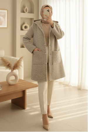 Kapşonlu Düğmeli Cepli Sakallı Kap  -Taş