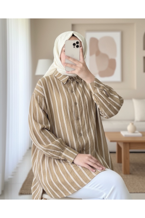 Button Down Long Back Striped Shirt -Mink color