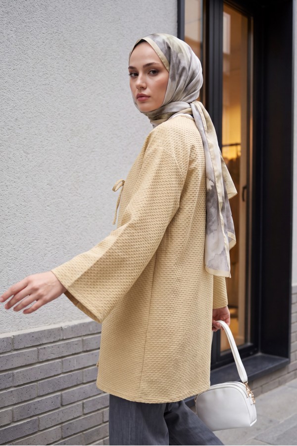 Önü Çift Bağcıklı Petek Desen Kimono -Yağ Yeşili
