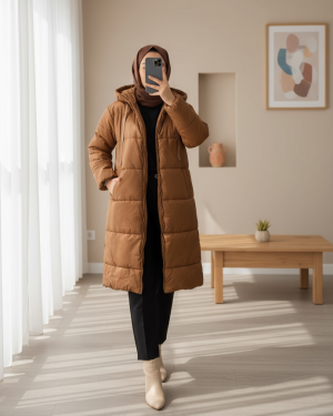 Kapşonlu Bağcık Detaylı Fermuarlı Şişme Mont -Taba