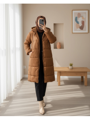 Kapşonlu Bağcık Detaylı Fermuarlı Şişme Mont -Taba