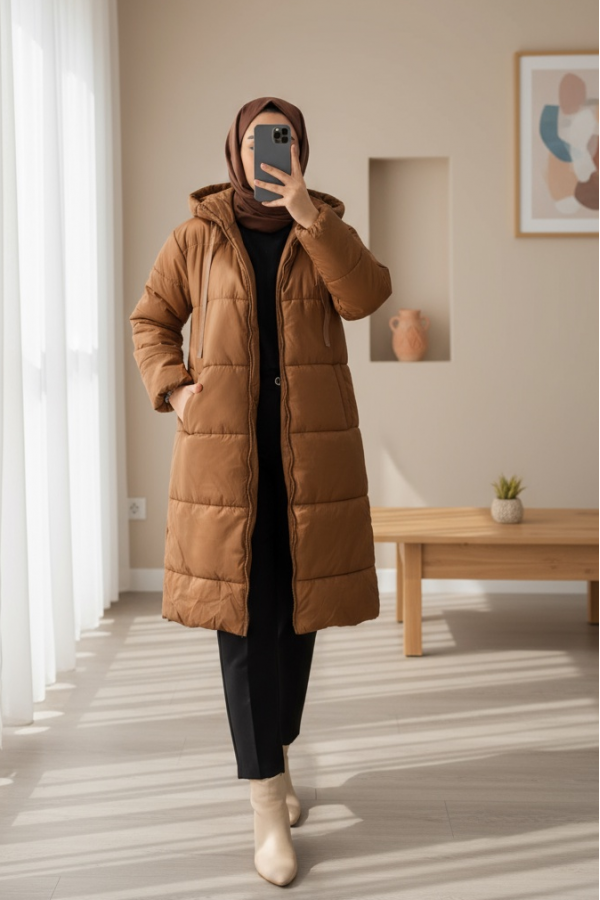 Hooded Lace Detail Zippered Puffer Jacket -Snuff