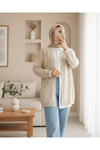 Ajurlu Çiçek Nakışlı Düğmeli Triko Hırka  -Taş
