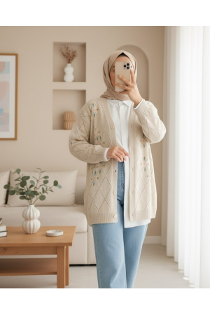 Ajurlu Çiçek Nakışlı Düğmeli Triko Hırka  -Taş