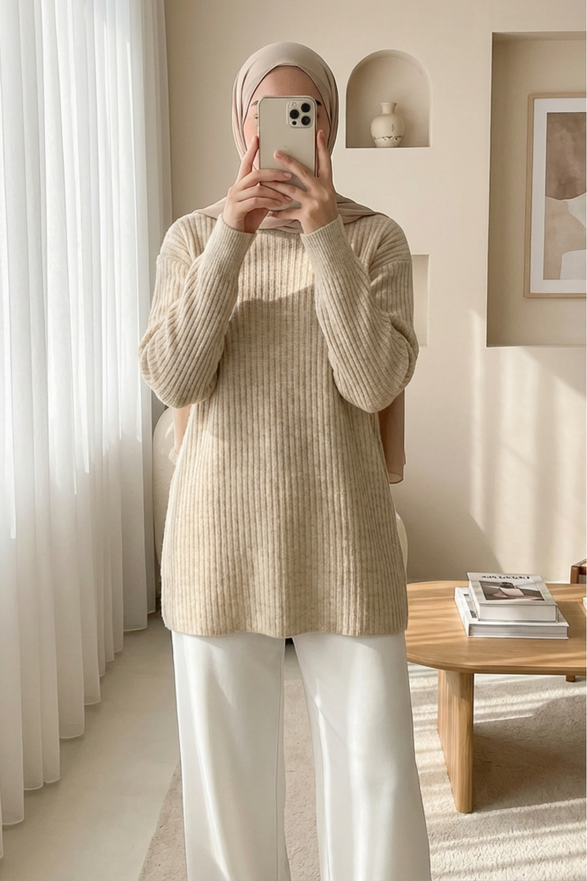 Long Ribbed Knit Sweater - Beige