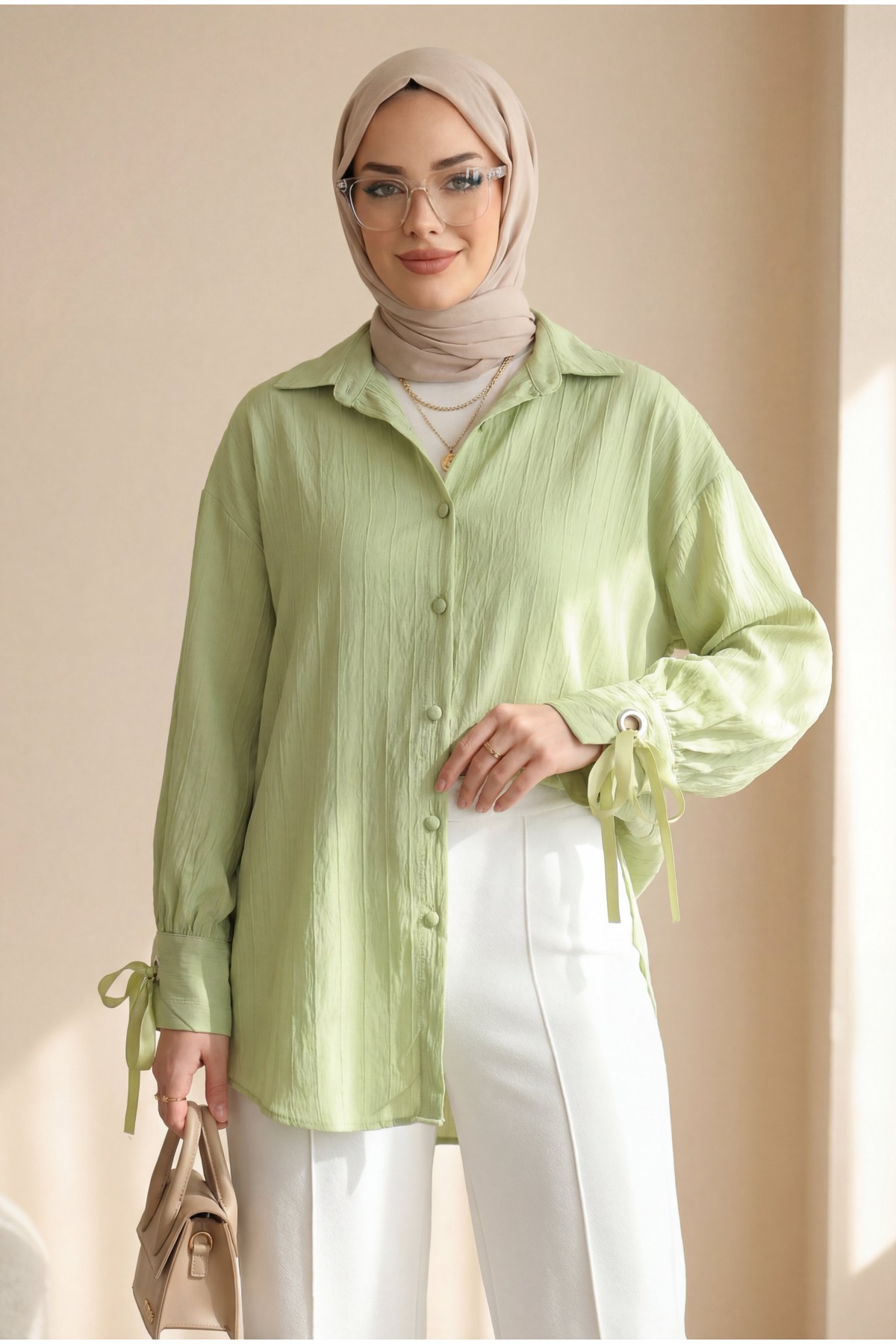 Strawberry Striped Shirt with Lace-Up Sleeves -Cagla Green