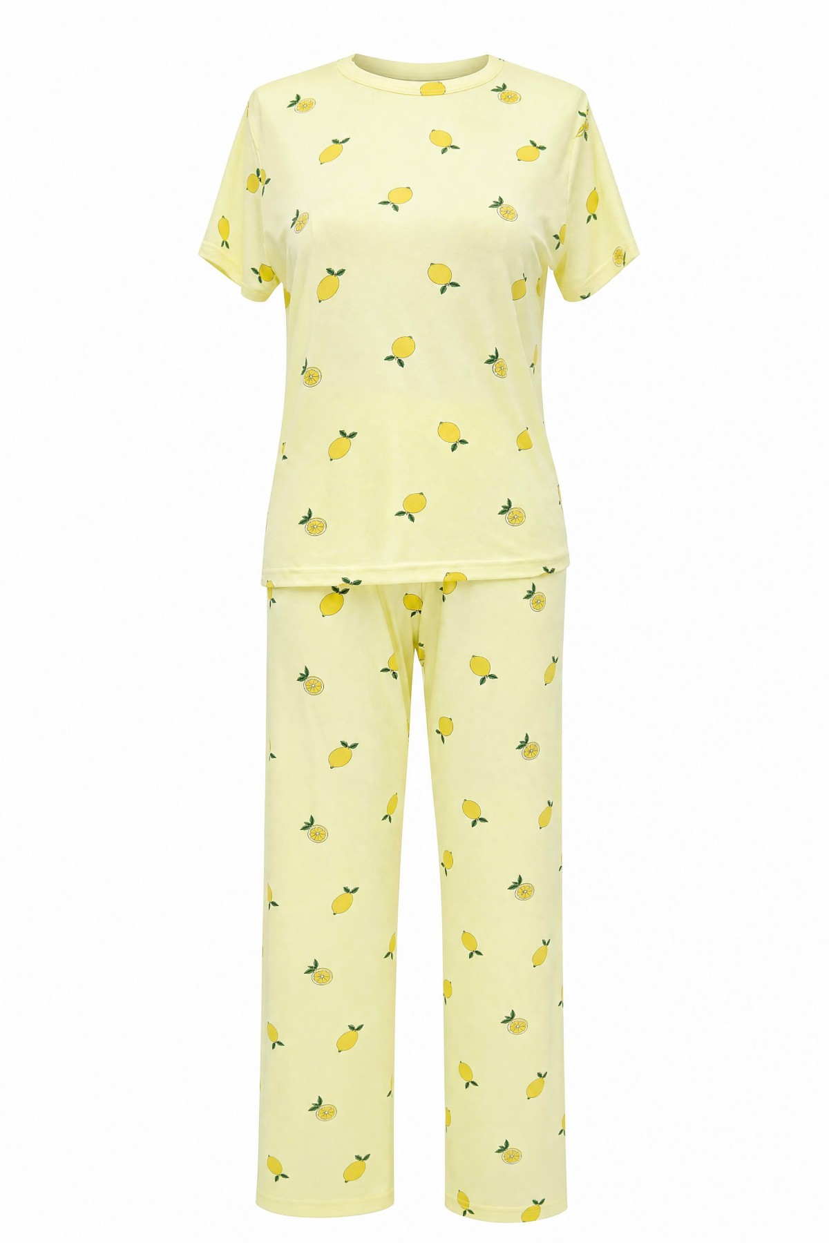 Lemon Patterned Crew Neck Short Sleeve Cotton Pajama Set -Yellow