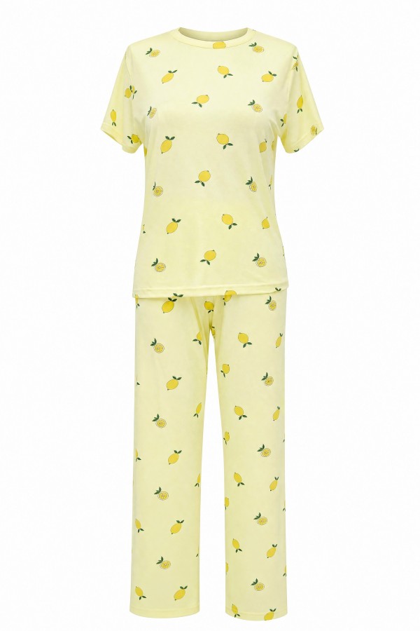 Limon Desenli Bisiklet Yaka Kısa Kol Penye Pijama Takımı -Sarı