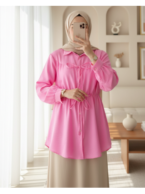 Bağlama Detaylı Beli Lastikli Düğmeli Gömlek -Pembe