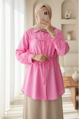 Bağlama Detaylı Beli Lastikli Düğmeli Gömlek -Pembe