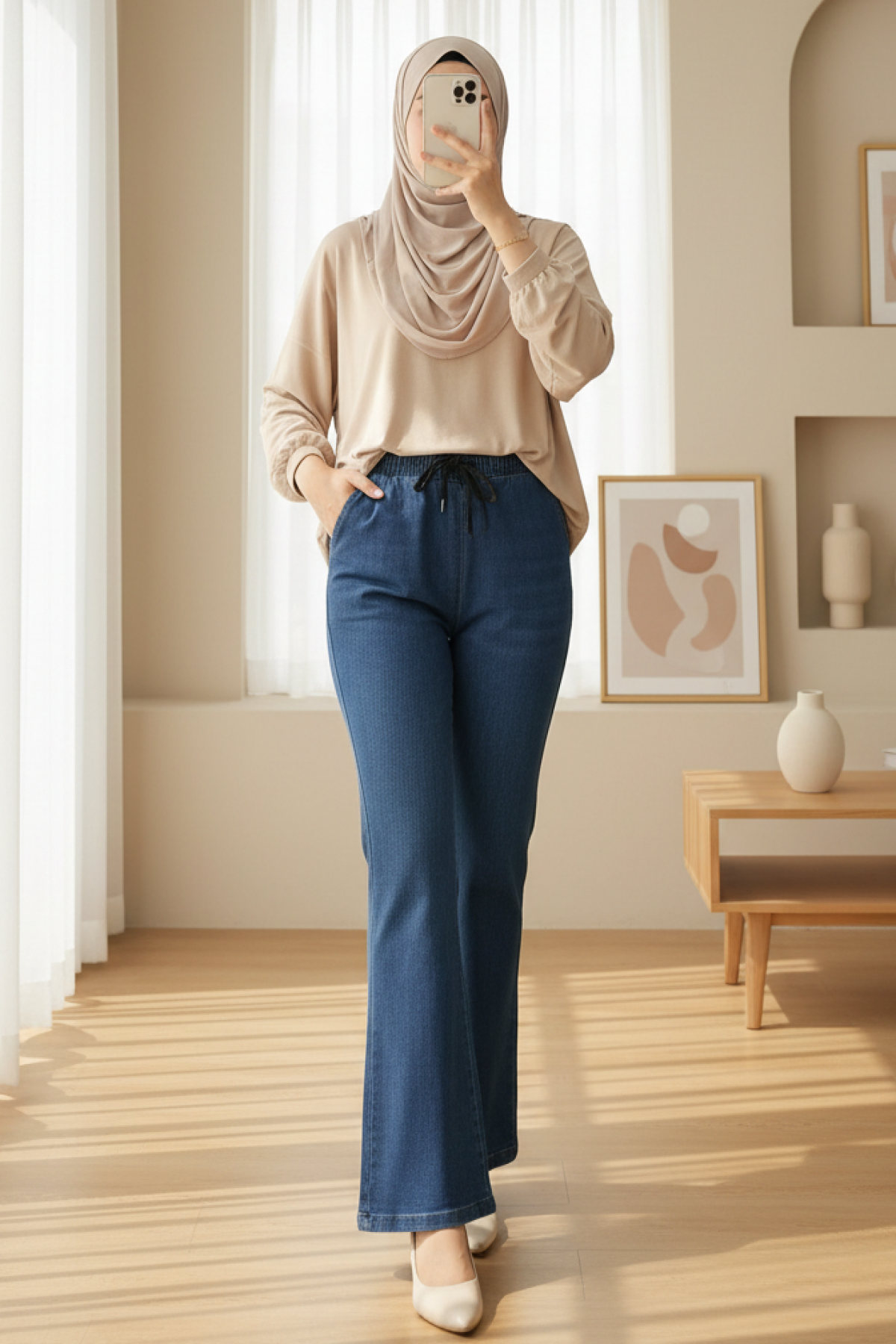 Tied Waist Flared Jeans with Pockets -Navy blue