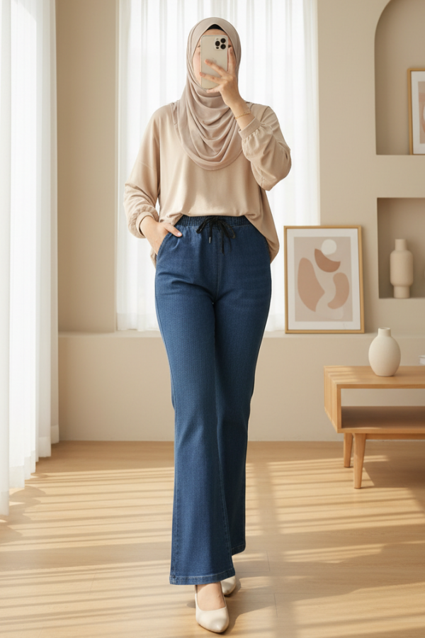Tied Waist Flared Jeans with Pockets -Navy blue
