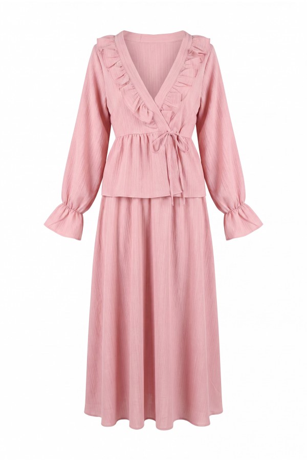 Kimono Suit with Ruffled Collar and Tied Front Skirt  -Pink