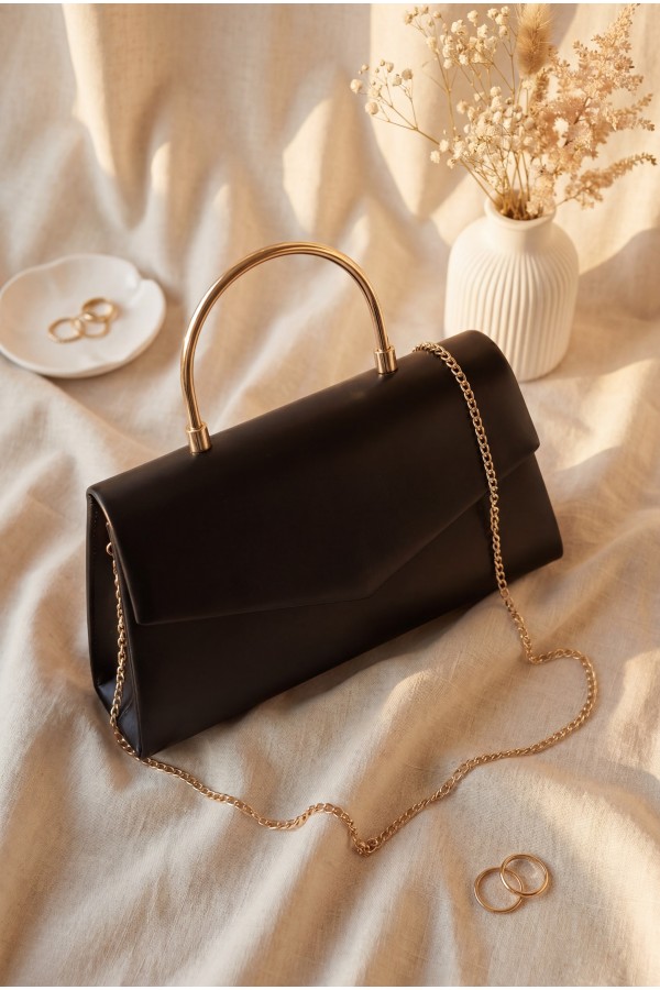 Patent Leather Evening Bag with Metal Handle, Chain, and Envelope Flap -Black