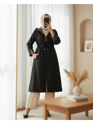 9091 Beli Büzgülü Kapşonlu Trençkot - Düz Siyah