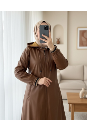 Kapşonlu Fermuarlı Kolları Lastikli Deri Kap -Taba