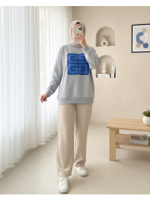 Harf Baskılı Bisiklet Yaka Şardonlu Sweat -Gri