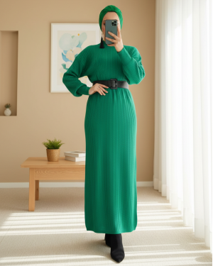 15900 Boydan Tesettür Triko Elbise - Yeşil