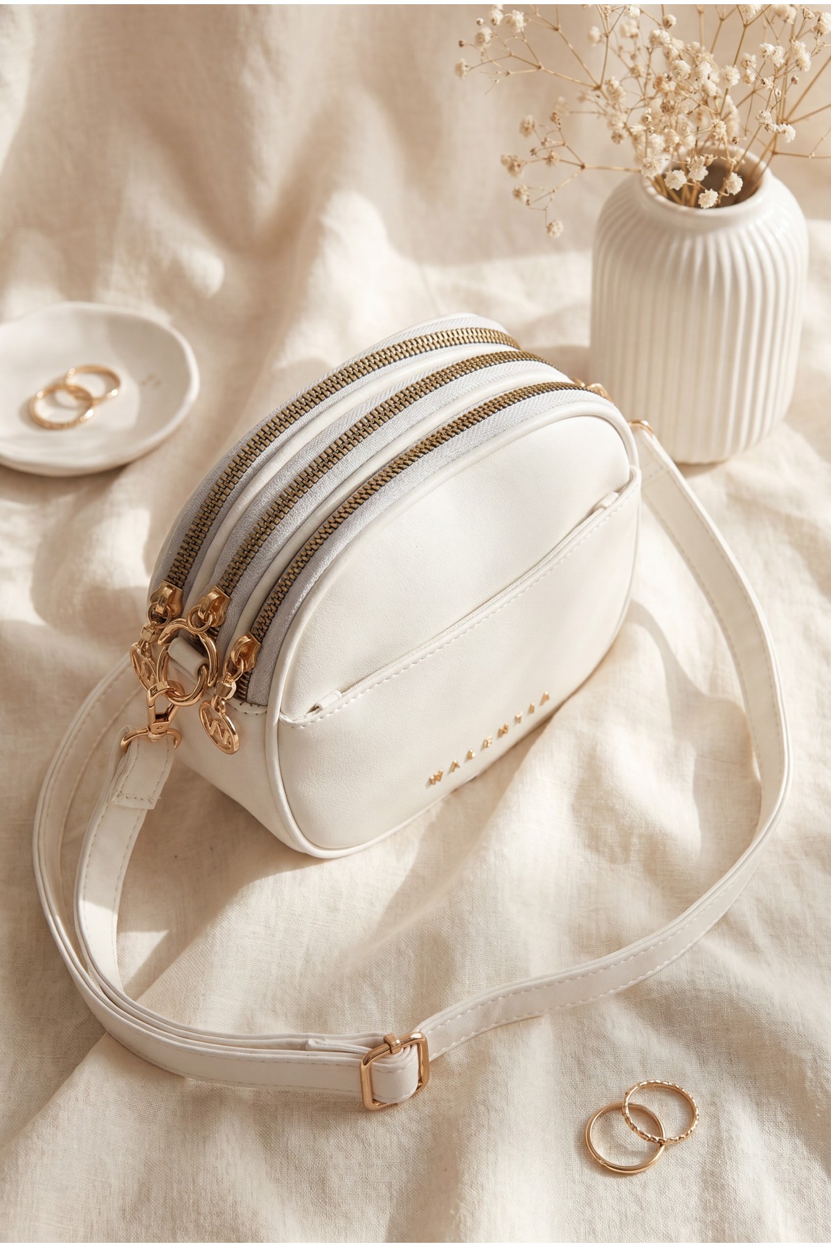 Multi-Compartment Long Shoulder Bag -White
