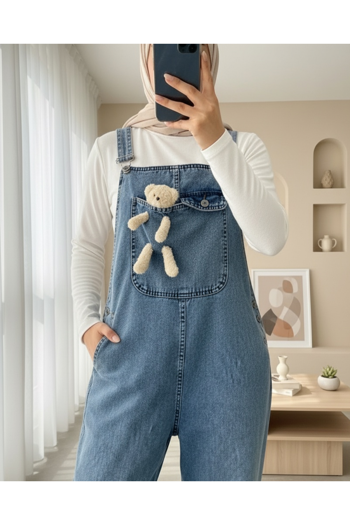 Teddy Bear Detail Suspended Side Buttons Denim Overalls  -Ice Blue