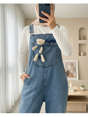 Ayıcık Detaylı Askılı Yanları Düğmeli Kot Tulum  -Buz Mavi