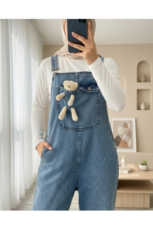 Ayıcık Detaylı Askılı Yanları Düğmeli Kot Tulum  -Buz Mavi