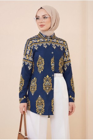 Oval Cut Buttoned Viscose Tunic -Navy blue