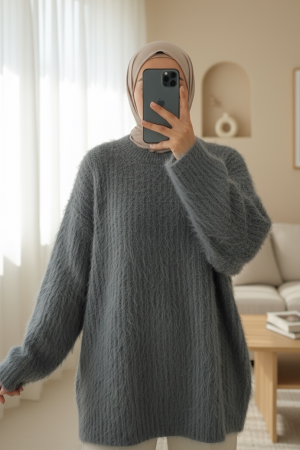 Round Neck Bearded Knit Sweater -Smoked 