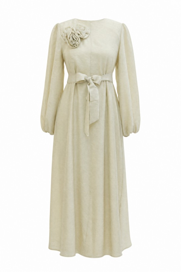 Brooch Detail Belted Lined Balloon Sleeve Tulle Voile Dress - Beige