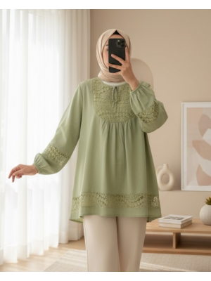 Dantel Detaylı Yakası Bağlamalı Kolu Lastikli Gömlek  -Çağla Y.