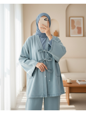 Front Tie Pocket Trouser Denim Kimono Set -Light blue
