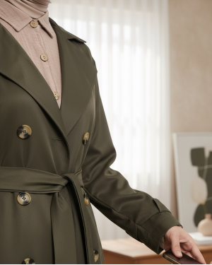 Shawl Collar Belted Long Trench Coat -Khaki