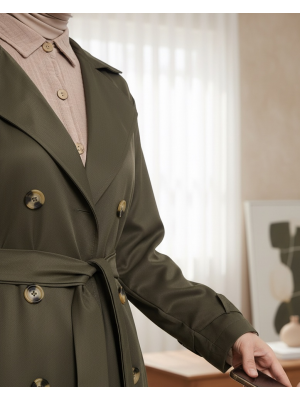 Çift Düğme Kemerli Uzun Trenckot -Haki