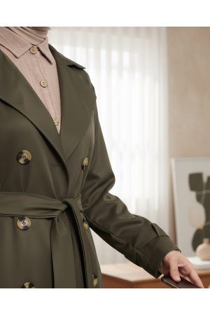 Çift Düğme Kemerli Uzun Trenckot -Haki