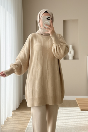 Round Neck Loose Patterned Knitwear Sweater -Light Mink